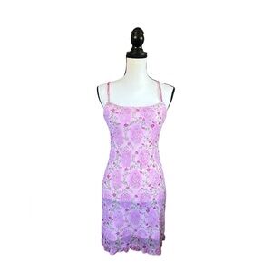 Vintage Pink Floral Mesh Mini Slip Dress 90s Y2K Fairycore Cute Feminine Medium